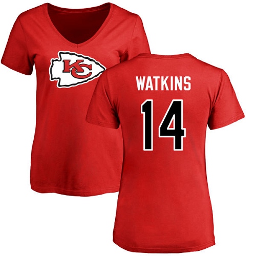 Women Football Kansas City Chiefs #14 Watkins Sammy Red Name and Number Logo Slim Fit T-Shirt